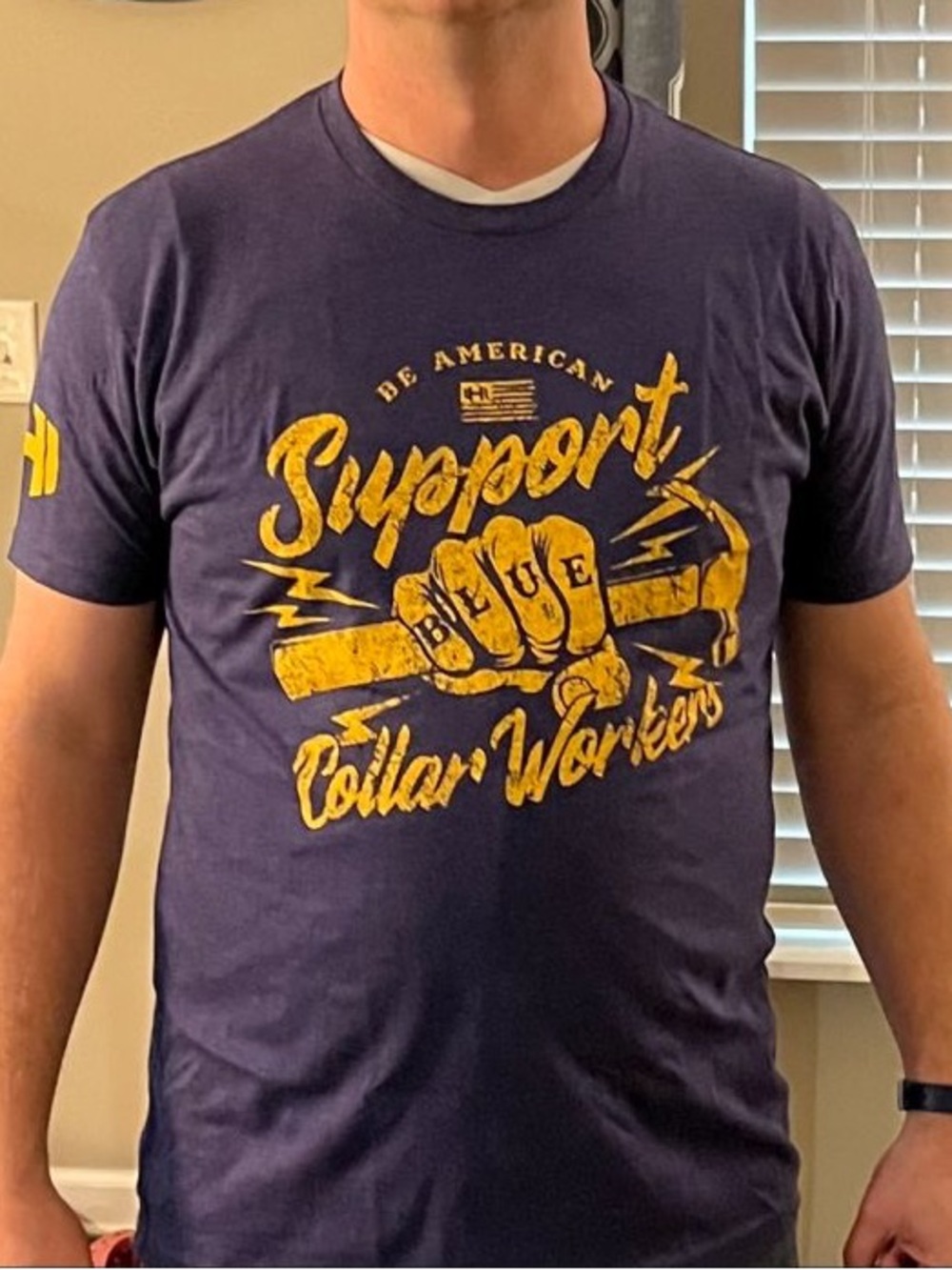 Next Level Apparel Navy Tee with Yellow Support Collar Workers Graphic